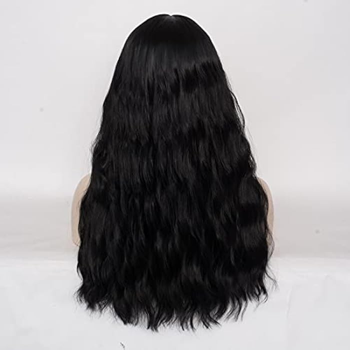 DILLARDS Dwmglp 21 Long With A Bang Black Wavy Wig For Women Girls Curly Heat Resistant Fiber Wigs Halloween Cosplay Daily Party+Cap (Yz-Black) - Image 2